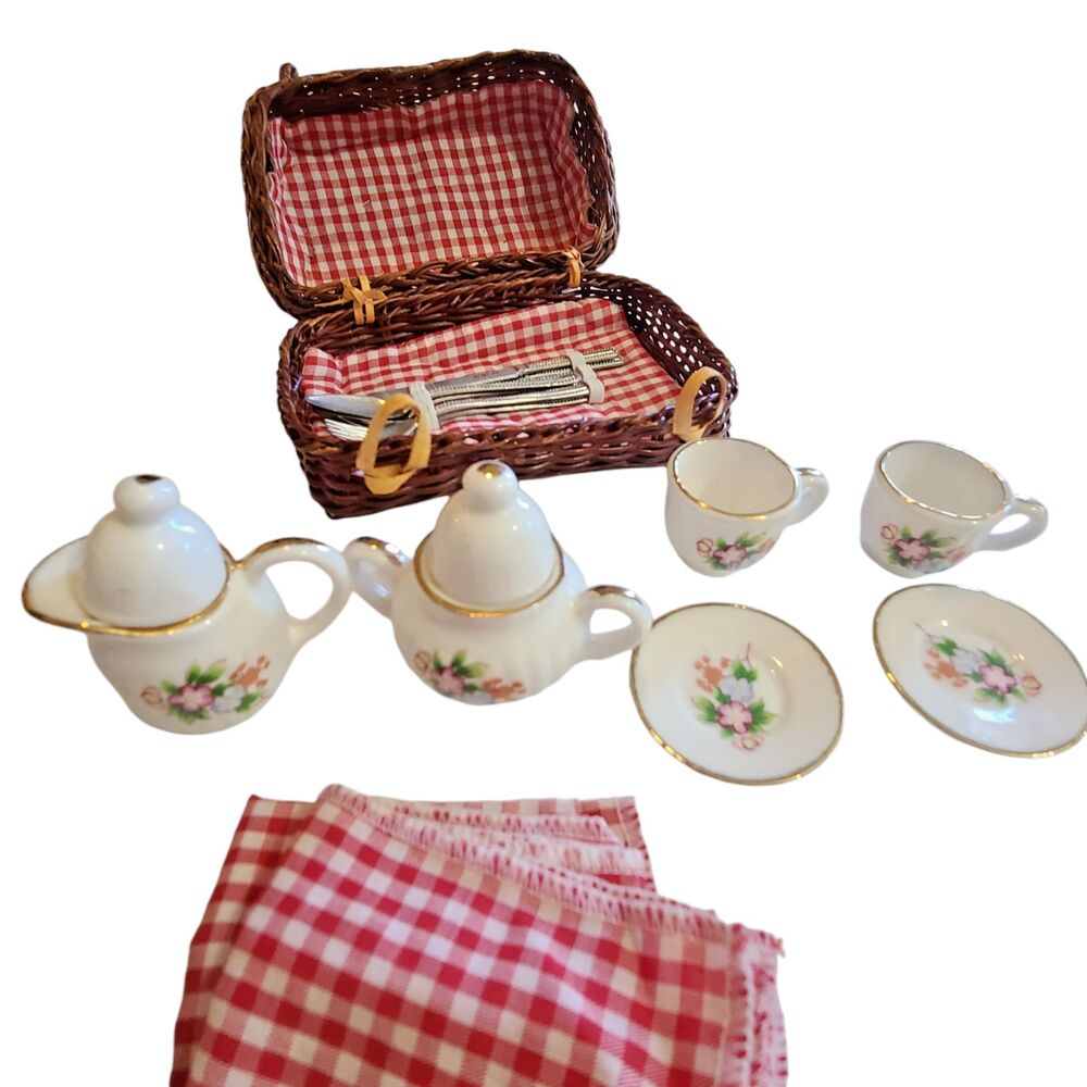Vintage Porcelain Taiwan Mini Doll Tea Set Picnic Basket Gingham Table Cloth